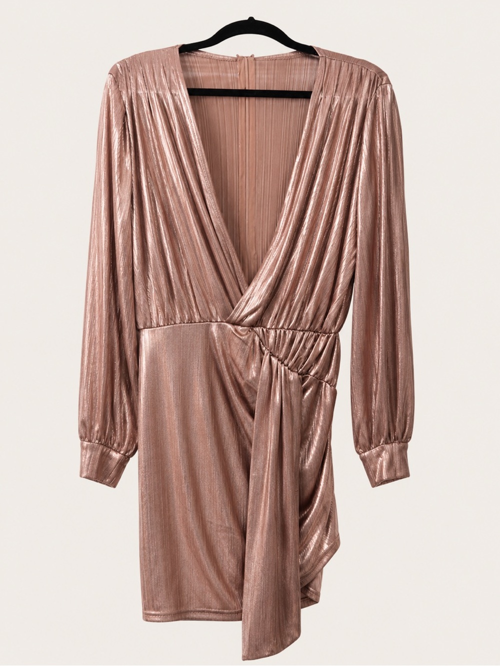Metallic Rose Gold Wrap-Style Mini Dress